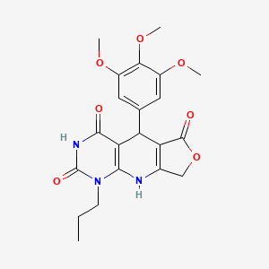 molecular formula C21H23N3O7 B2646535 13-Propyl-8-(3,4,5-trimethoxyphenyl)-5-oxa-2,11,13-triazatricyclo[7.4.0.0^{3,7}]trideca-1(9),3(7)-diene-6,10,12-trione CAS No. 872102-77-7