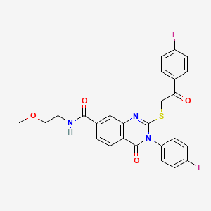 molecular formula C26H21F2N3O4S B2646538 3-(4-fluorophenyl)-2-((2-(4-fluorophenyl)-2-oxoethyl)thio)-N-(2-methoxyethyl)-4-oxo-3,4-dihydroquinazoline-7-carboxamide CAS No. 1113134-79-4