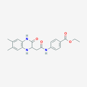molecular formula C21H23N3O4 B2646601 Ethyl 4-{[(6,7-dimethyl-3-oxo-1,2,3,4-tetrahydroquinoxalin-2-yl)acetyl]amino}benzoate CAS No. 474006-27-4