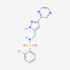 molecular formula C15H14BrN5O2S B2646680 2-bromo-N-((1-methyl-3-(pyrazin-2-yl)-1H-pyrazol-5-yl)methyl)benzenesulfonamide CAS No. 2034374-73-5