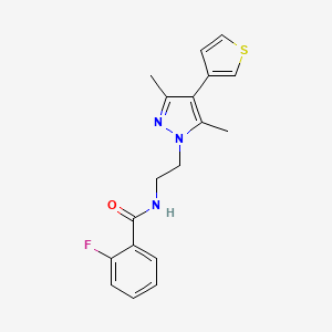 molecular formula C18H18FN3OS B2646697 N-(2-(3,5-dimethyl-4-(thiophen-3-yl)-1H-pyrazol-1-yl)ethyl)-2-fluorobenzamide CAS No. 2034357-23-6
