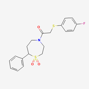 molecular formula C19H20FNO3S2 B2646723 1-(1,1-Dioxido-7-phenyl-1,4-thiazepan-4-yl)-2-((4-fluorophenyl)thio)ethanone CAS No. 2034515-18-7
