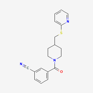 molecular formula C19H19N3OS B2646735 3-(4-((吡啶-2-基硫代)甲基)哌啶-1-羰基)苯甲腈 CAS No. 1421515-60-7