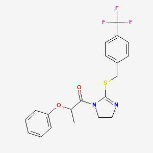 molecular formula C20H19F3N2O2S B2646743 2-Phenoxy-1-[2-[[4-(trifluoromethyl)phenyl]methylsulfanyl]-4,5-dihydroimidazol-1-yl]propan-1-one CAS No. 851806-33-2