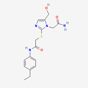 molecular formula C16H20N4O3S B2646781 2-((1-(2-氨基-2-氧代乙基)-5-(羟甲基)-1H-咪唑-2-基)硫代)-N-(4-乙基苯基)乙酰胺 CAS No. 921821-62-7