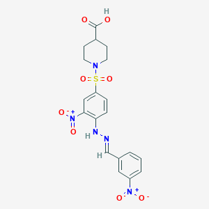 1-[(3-nitro-4-{2-[(E)-(3-nitrophenyl)methylidene]hydrazino}phenyl)sulfonyl]-4-piperidinecarboxylic acid