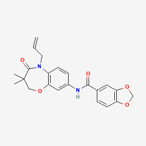 molecular formula C22H22N2O5 B2646850 N-(5-烯丙基-3,3-二甲基-4-氧代-2,3,4,5-四氢苯并[b][1,4]恶杂环辛-8-基)苯并[d][1,3]二氧杂环-5-甲酰胺 CAS No. 921525-14-6