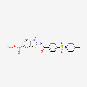 molecular formula C24H27N3O5S2 B2646859 Ethyl 3-methyl-2-[4-(4-methylpiperidin-1-yl)sulfonylbenzoyl]imino-1,3-benzothiazole-6-carboxylate CAS No. 850909-43-2
