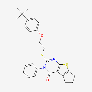 molecular formula C27H28N2O2S2 B2646898 2-((2-(4-(tert-butyl)phenoxy)ethyl)thio)-3-phenyl-6,7-dihydro-3H-cyclopenta[4,5]thieno[2,3-d]pyrimidin-4(5H)-one CAS No. 307512-14-7