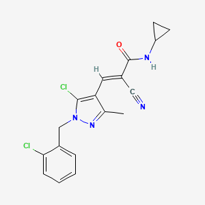 molecular formula C18H16Cl2N4O B2646903 (E)-3-[5-chloro-1-[(2-chlorophenyl)methyl]-3-methylpyrazol-4-yl]-2-cyano-N-cyclopropylprop-2-enamide CAS No. 1147377-89-6