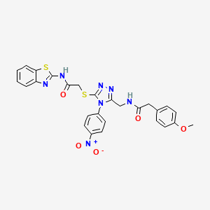 molecular formula C27H23N7O5S2 B2646922 N-(benzo[d]thiazol-2-yl)-2-((5-((2-(4-methoxyphenyl)acetamido)methyl)-4-(4-nitrophenyl)-4H-1,2,4-triazol-3-yl)thio)acetamide CAS No. 389071-84-5
