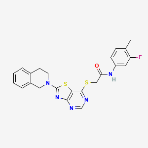 molecular formula C23H20FN5OS2 B2646945 2-((2-(3,4-dihydroisoquinolin-2(1H)-yl)thiazolo[4,5-d]pyrimidin-7-yl)thio)-N-(3-fluoro-4-methylphenyl)acetamide CAS No. 1189509-86-1
