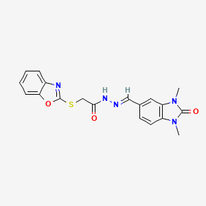 molecular formula C19H17N5O3S B2646950 (E)-2-(benzo[d]oxazol-2-ylthio)-N'-((1,3-dimethyl-2-oxo-2,3-dihydro-1H-benzo[d]imidazol-5-yl)methylene)acetohydrazide CAS No. 443330-23-2