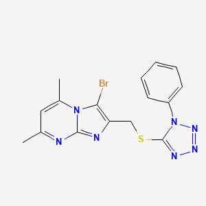 molecular formula C16H14BrN7S B2646967 3-bromo-5,7-dimethyl-2-(((1-phenyl-1H-tetrazol-5-yl)thio)methyl)imidazo[1,2-a]pyrimidine CAS No. 325778-96-9