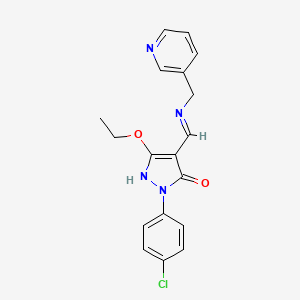 molecular formula C18H17ClN4O2 B2646974 2-(4-chlorophenyl)-5-ethoxy-4-{[(3-pyridinylmethyl)amino]methylene}-2,4-dihydro-3H-pyrazol-3-one CAS No. 338751-19-2