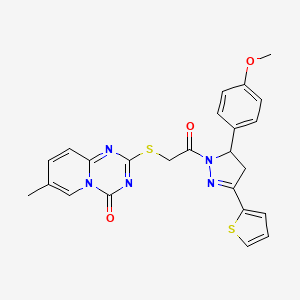 molecular formula C24H21N5O3S2 B2647025 2-((2-(5-(4-甲氧基苯基)-3-(噻吩-2-基)-4,5-二氢-1H-吡唑-1-基)-2-氧代乙基)硫代)-7-甲基-4H-吡啶并[1,2-a][1,3,5]三嗪-4-酮 CAS No. 896322-56-8