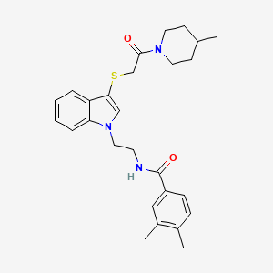 molecular formula C27H33N3O2S B2647050 3,4-dimethyl-N-(2-(3-((2-(4-methylpiperidin-1-yl)-2-oxoethyl)thio)-1H-indol-1-yl)ethyl)benzamide CAS No. 532974-77-9