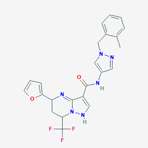 molecular formula C23H21F3N6O2 B264713 5-(furan-2-yl)-N-[1-[(2-methylphenyl)methyl]pyrazol-4-yl]-7-(trifluoromethyl)-1,5,6,7-tetrahydropyrazolo[1,5-a]pyrimidine-3-carboxamide 