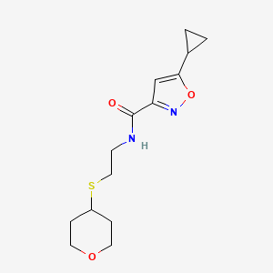 molecular formula C14H20N2O3S B2647163 5-cyclopropyl-N-(2-((tetrahydro-2H-pyran-4-yl)thio)ethyl)isoxazole-3-carboxamide CAS No. 2034446-64-3