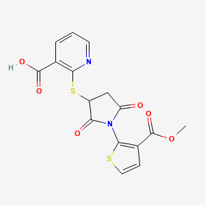 molecular formula C16H12N2O6S2 B2647184 2-((1-(3-(Methoxycarbonyl)thiophen-2-yl)-2,5-dioxopyrrolidin-3-yl)thio)nicotinic acid CAS No. 881484-85-1