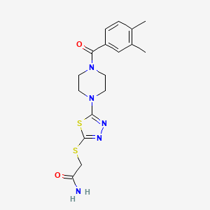 molecular formula C17H21N5O2S2 B2647229 2-((5-(4-(3,4-Dimethylbenzoyl)piperazin-1-yl)-1,3,4-thiadiazol-2-yl)thio)acetamide CAS No. 1105197-90-7