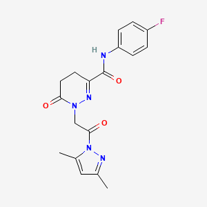 molecular formula C18H18FN5O3 B2647239 1-[2-(3,5-dimethyl-1H-pyrazol-1-yl)-2-oxoethyl]-N-(4-fluorophenyl)-6-oxo-1,4,5,6-tetrahydropyridazine-3-carboxamide CAS No. 1260996-78-8