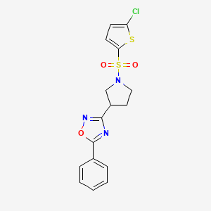molecular formula C16H14ClN3O3S2 B2647255 3-(1-((5-Chlorothiophen-2-yl)sulfonyl)pyrrolidin-3-yl)-5-phenyl-1,2,4-oxadiazole CAS No. 2034416-56-1
