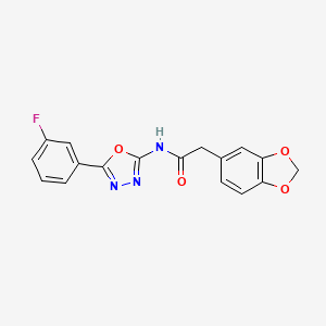 molecular formula C17H12FN3O4 B2647262 2-(benzo[d][1,3]dioxol-5-yl)-N-(5-(3-fluorophenyl)-1,3,4-oxadiazol-2-yl)acetamide CAS No. 1171025-85-6