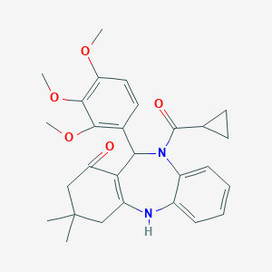 molecular formula C28H32N2O5 B264732 10-(cyclopropylcarbonyl)-3,3-dimethyl-11-(2,3,4-trimethoxyphenyl)-2,3,4,5,10,11-hexahydro-1H-dibenzo[b,e][1,4]diazepin-1-one 