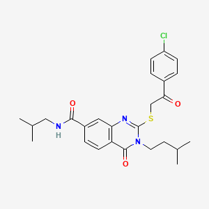 molecular formula C26H30ClN3O3S B2647403 2-((2-(4-chlorophenyl)-2-oxoethyl)thio)-N-isobutyl-3-isopentyl-4-oxo-3,4-dihydroquinazoline-7-carboxamide CAS No. 1113133-70-2