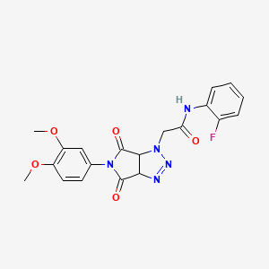 molecular formula C20H18FN5O5 B2647405 2-[5-(3,4-dimethoxyphenyl)-4,6-dioxo-4,5,6,6a-tetrahydropyrrolo[3,4-d][1,2,3]triazol-1(3aH)-yl]-N-(2-fluorophenyl)acetamide CAS No. 1052610-23-7