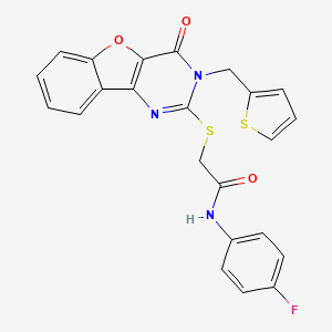 molecular formula C23H16FN3O3S2 B2647527 N-(4-fluorophenyl)-2-((4-oxo-3-(thiophen-2-ylmethyl)-3,4-dihydrobenzofuro[3,2-d]pyrimidin-2-yl)thio)acetamide CAS No. 899941-66-3