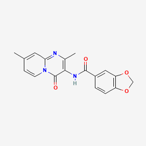 molecular formula C18H15N3O4 B2647531 N-(2,8-二甲基-4-氧代-4H-吡啶并[1,2-a]嘧啶-3-基)苯并[d][1,3]二噁杂环-5-甲酰胺 CAS No. 897616-95-4