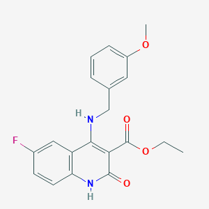 molecular formula C20H19FN2O4 B2647578 Ethyl 6-fluoro-4-((3-methoxybenzyl)amino)-2-oxo-1,2-dihydroquinoline-3-carboxylate CAS No. 1251609-80-9
