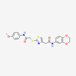 molecular formula C22H21N3O5S2 B2647610 N-(2,3-dihydrobenzo[b][1,4]dioxin-6-yl)-2-(2-((2-((4-methoxyphenyl)amino)-2-oxoethyl)thio)thiazol-4-yl)acetamide CAS No. 941921-53-5