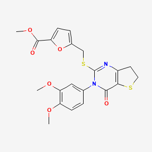 molecular formula C21H20N2O6S2 B2647616 Methyl 5-(((3-(3,4-dimethoxyphenyl)-4-oxo-3,4,6,7-tetrahydrothieno[3,2-d]pyrimidin-2-yl)thio)methyl)furan-2-carboxylate CAS No. 877656-40-1