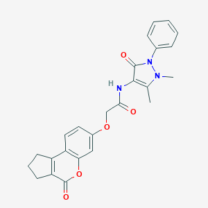 molecular formula C25H23N3O5 B264765 N-(1,5-dimethyl-3-oxo-2-phenyl-2,3-dihydro-1H-pyrazol-4-yl)-2-[(4-oxo-1,2,3,4-tetrahydrocyclopenta[c]chromen-7-yl)oxy]acetamide 