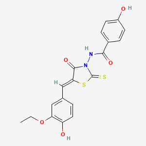 molecular formula C19H16N2O5S2 B2647685 (Z)-N-(5-(3-ethoxy-4-hydroxybenzylidene)-4-oxo-2-thioxothiazolidin-3-yl)-4-hydroxybenzamide CAS No. 405921-28-0