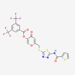 molecular formula C22H11F6N3O5S3 B2647721 4-oxo-6-(((5-(thiophene-2-carboxamido)-1,3,4-thiadiazol-2-yl)thio)methyl)-4H-pyran-3-yl 3,5-bis(trifluoromethyl)benzoate CAS No. 877643-44-2