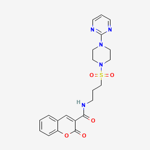 molecular formula C21H23N5O5S B2647724 2-氧代-N-(3-((4-(嘧啶-2-基)哌嗪-1-基)磺酰基)丙基)-2H-色烯-3-甲酰胺 CAS No. 1021221-39-5