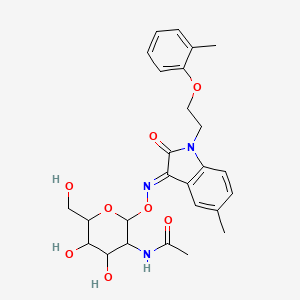 (E)-N-(4,5-dihydroxy-6-(hydroxymethyl)-2-(((5-methyl-2-oxo-1-(2-(o-tolyloxy)ethyl)indolin-3-ylidene)amino)oxy)tetrahydro-2H-pyran-3-yl)acetamide