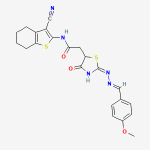 molecular formula C22H21N5O3S2 B2647854 N-(3-cyano-4,5,6,7-tetrahydro-1-benzothiophen-2-yl)-2-{(2E)-2-[(2E)-(4-methoxybenzylidene)hydrazinylidene]-4-oxo-1,3-thiazolidin-5-yl}acetamide CAS No. 857493-88-0