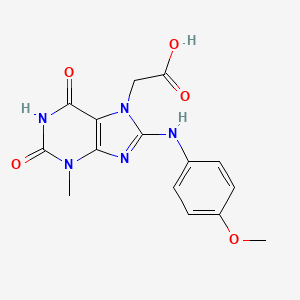 molecular formula C15H15N5O5 B2647957 2-(8-((4-methoxyphenyl)amino)-3-methyl-2,6-dioxo-2,3-dihydro-1H-purin-7(6H)-yl)acetic acid CAS No. 1021031-28-6