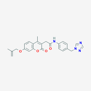 molecular formula C25H24N4O4 B264796 2-{4-methyl-7-[(2-methyl-2-propenyl)oxy]-2-oxo-2H-chromen-3-yl}-N-[4-(1H-1,2,4-triazol-1-ylmethyl)phenyl]acetamide 
