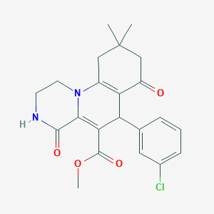 molecular formula C22H23ClN2O4 B264802 methyl 6-(3-chlorophenyl)-9,9-dimethyl-4,7-dioxo-2,3,4,6,7,8,9,10-octahydro-1H-pyrazino[1,2-a]quinoline-5-carboxylate 