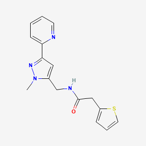 molecular formula C16H16N4OS B2648138 N-[(2-Methyl-5-pyridin-2-ylpyrazol-3-yl)methyl]-2-thiophen-2-ylacetamide CAS No. 2309750-96-5