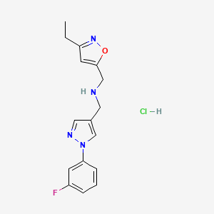 molecular formula C16H18ClFN4O B2648141 1-(3-Ethyl-1,2-oxazol-5-yl)-N-[[1-(3-fluorophenyl)pyrazol-4-yl]methyl]methanamine;hydrochloride CAS No. 2445791-63-7