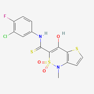 molecular formula C14H10ClFN2O3S3 B2648163 N-(3-chloro-4-fluorophenyl)-4-hydroxy-1-methyl-2,2-dioxo-1,2-dihydro-2lambda~6~-thieno[3,2-c][1,2]thiazine-3-carbothioamide CAS No. 320423-78-7