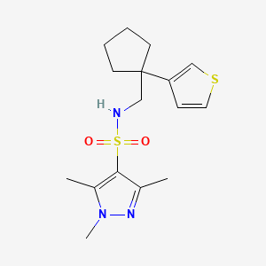 molecular formula C16H23N3O2S2 B2648294 1,3,5-trimethyl-N-((1-(thiophen-3-yl)cyclopentyl)methyl)-1H-pyrazole-4-sulfonamide CAS No. 2034422-04-1
