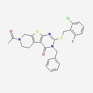 molecular formula C25H21ClFN3O2S2 B2648309 7-乙酰基-3-苄基-2-((2-氯-6-氟苄基)硫代)-5,6,7,8-四氢吡啶并[4',3':4,5]噻吩并[2,3-d]嘧啶-4(3H)-酮 CAS No. 1185036-78-5